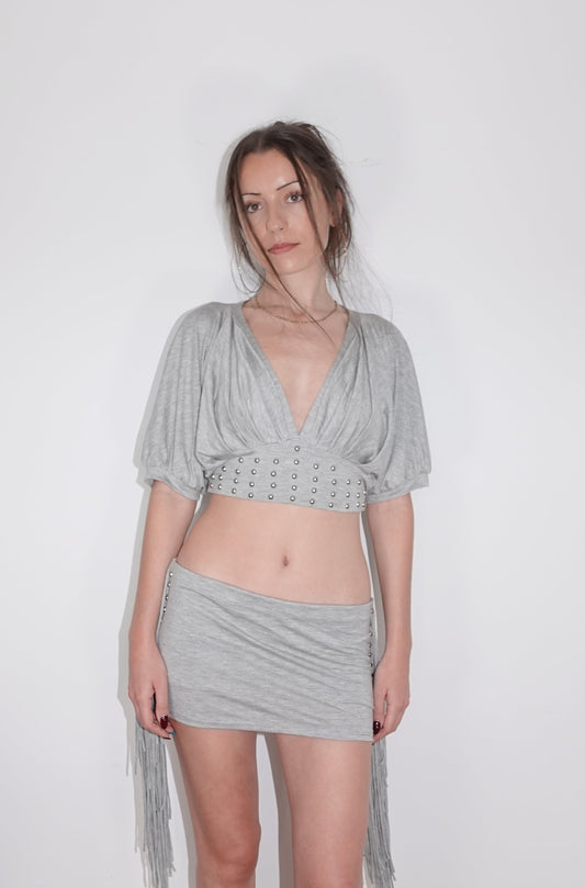 Pre Order: studded plunge cropped top, grey