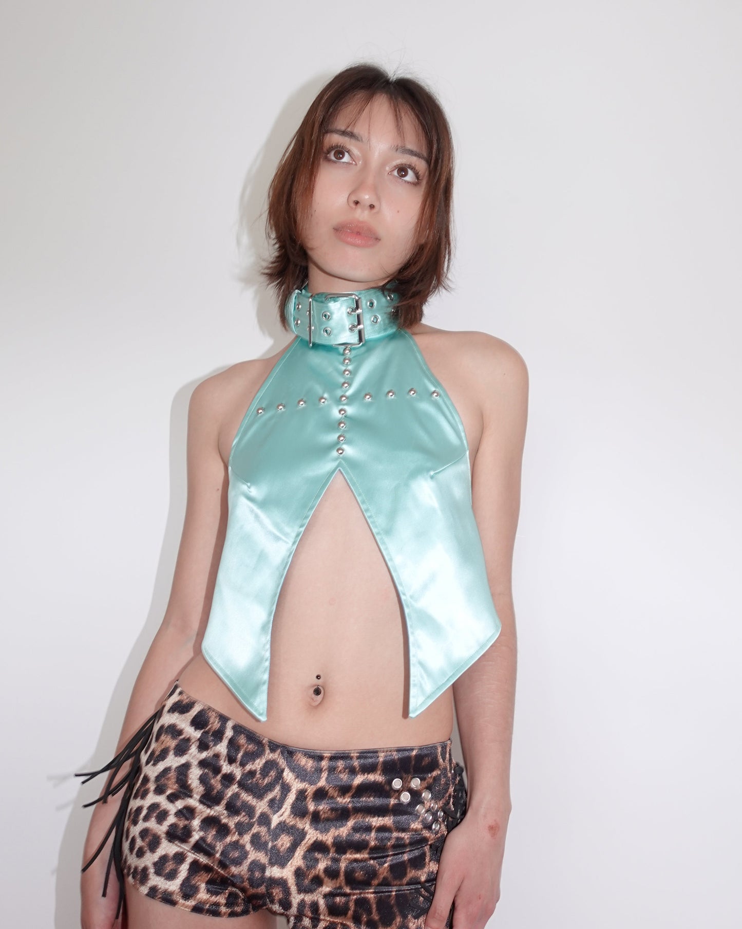 studded halter top, teal