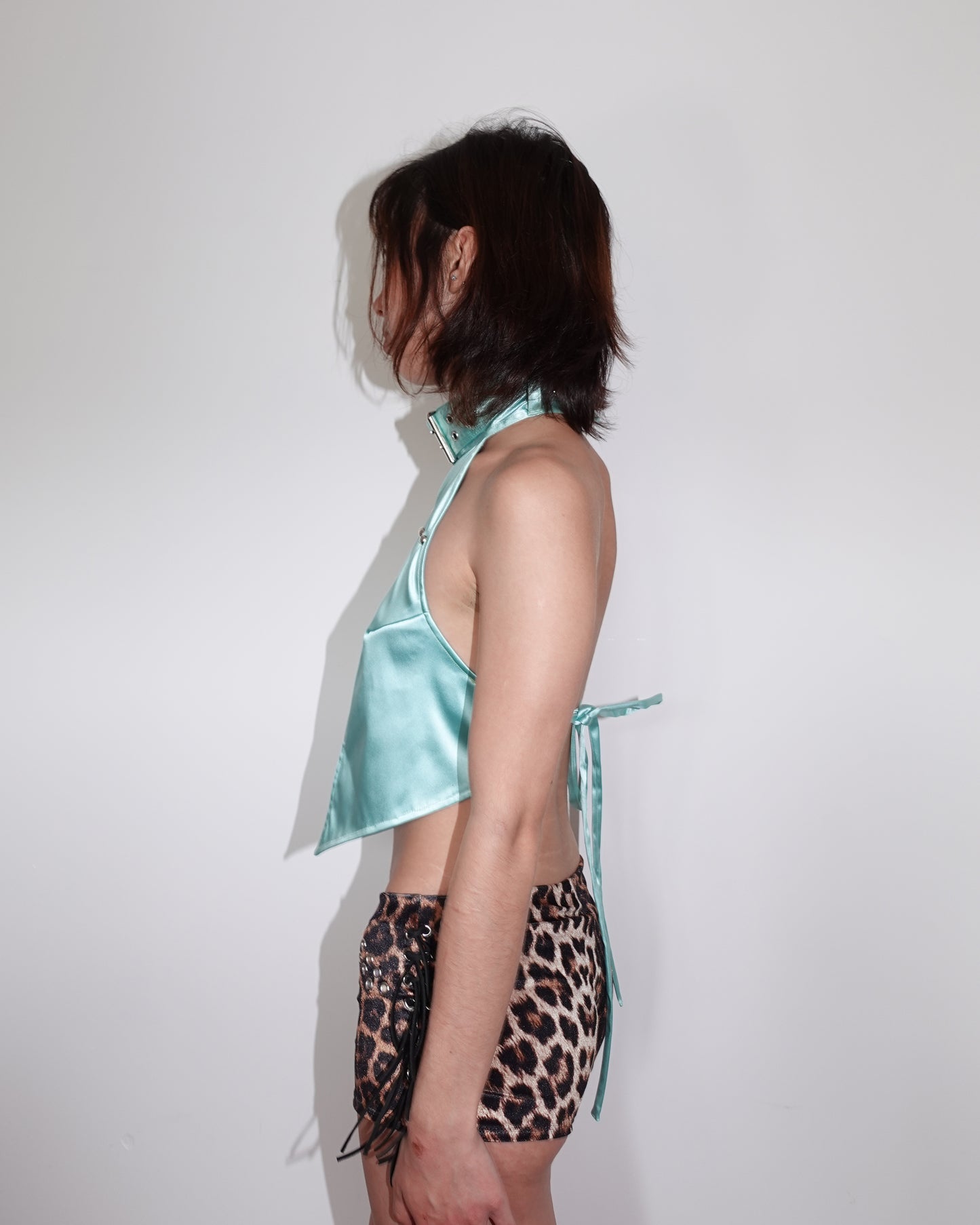 studded halter top, teal