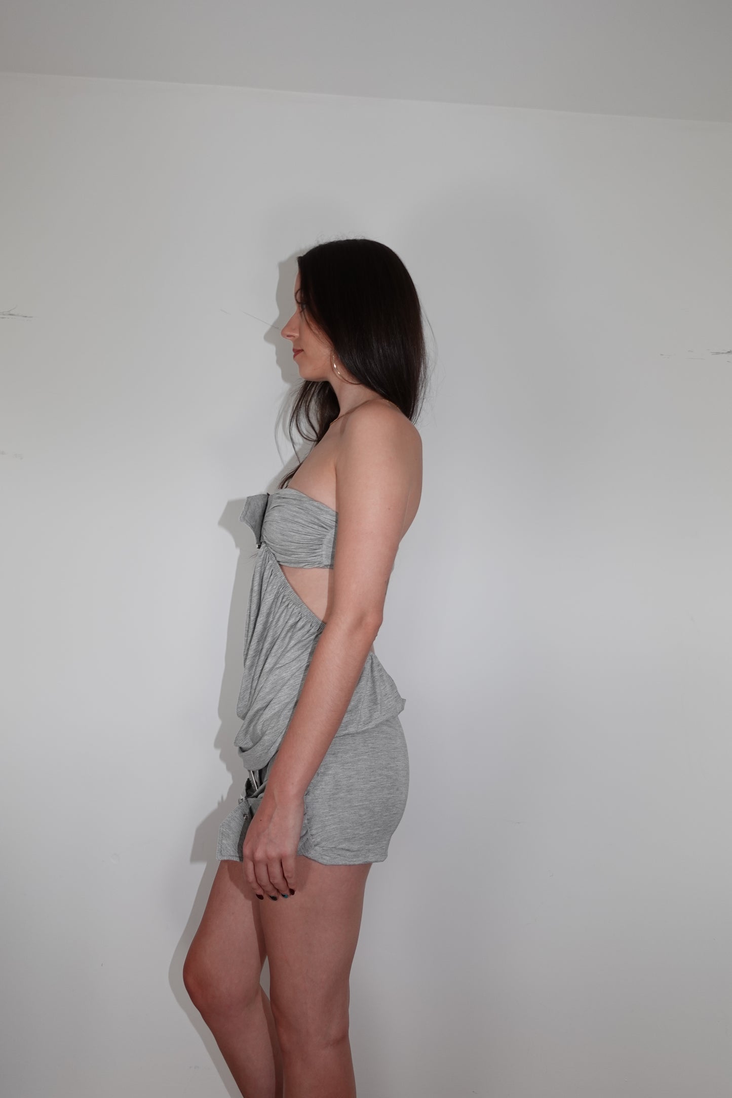 Pre Order: belted bandeau open back dress, grey