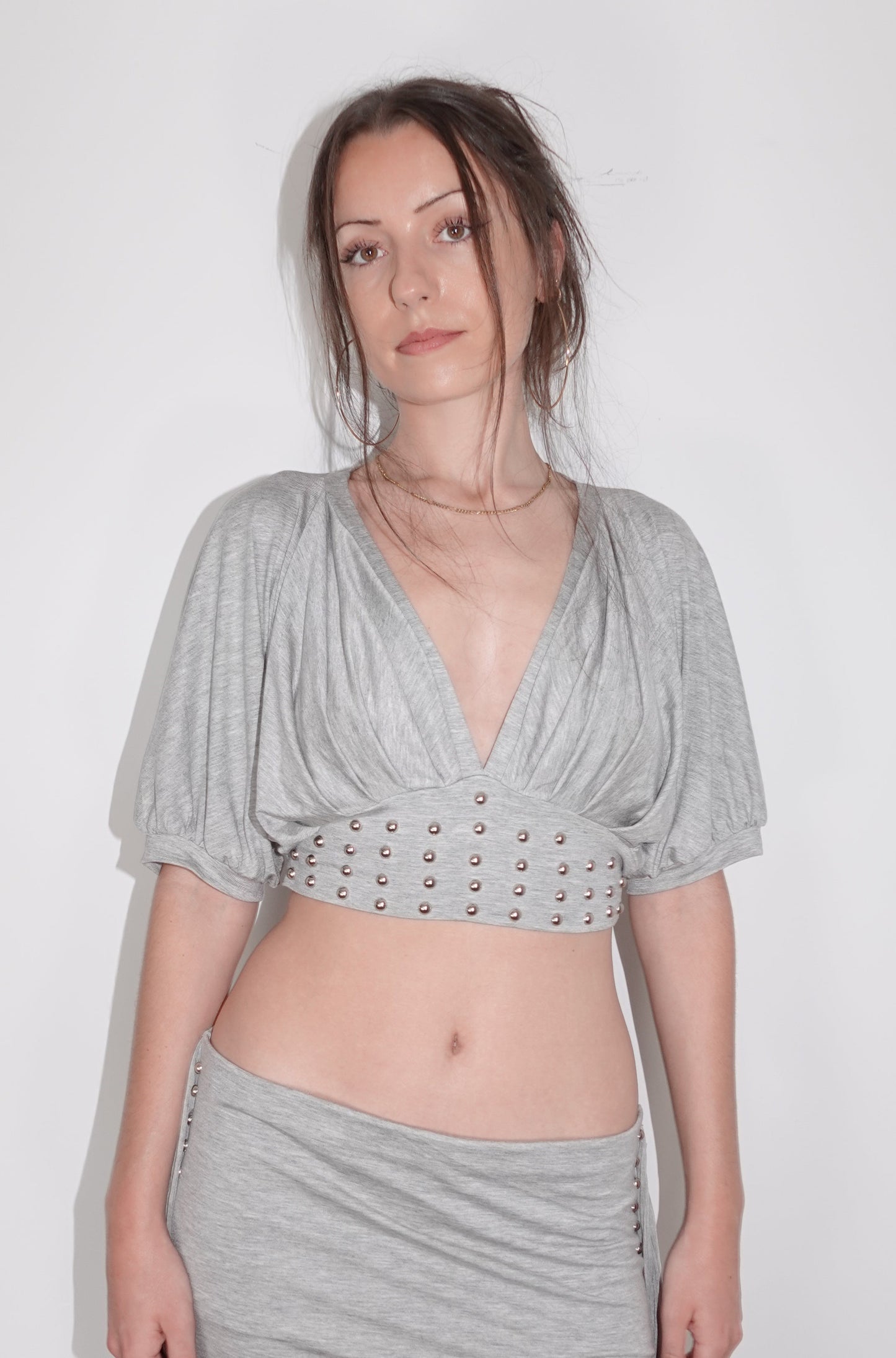 Pre Order: studded plunge cropped top, grey