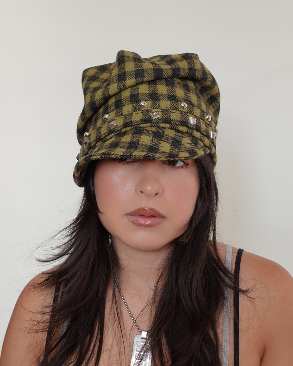 studded shepard's check hat, khaki