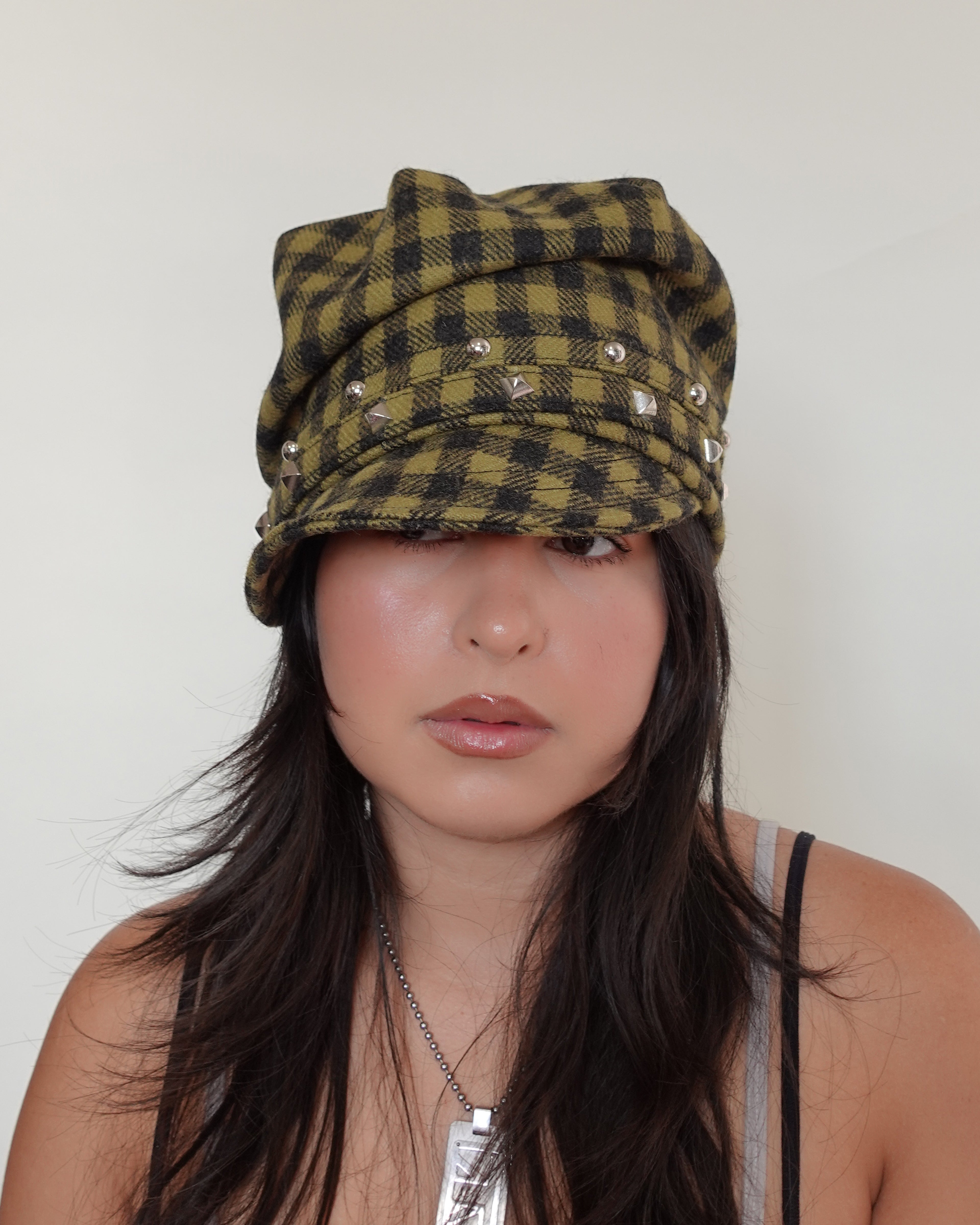 studded shepard's check hat, khaki
