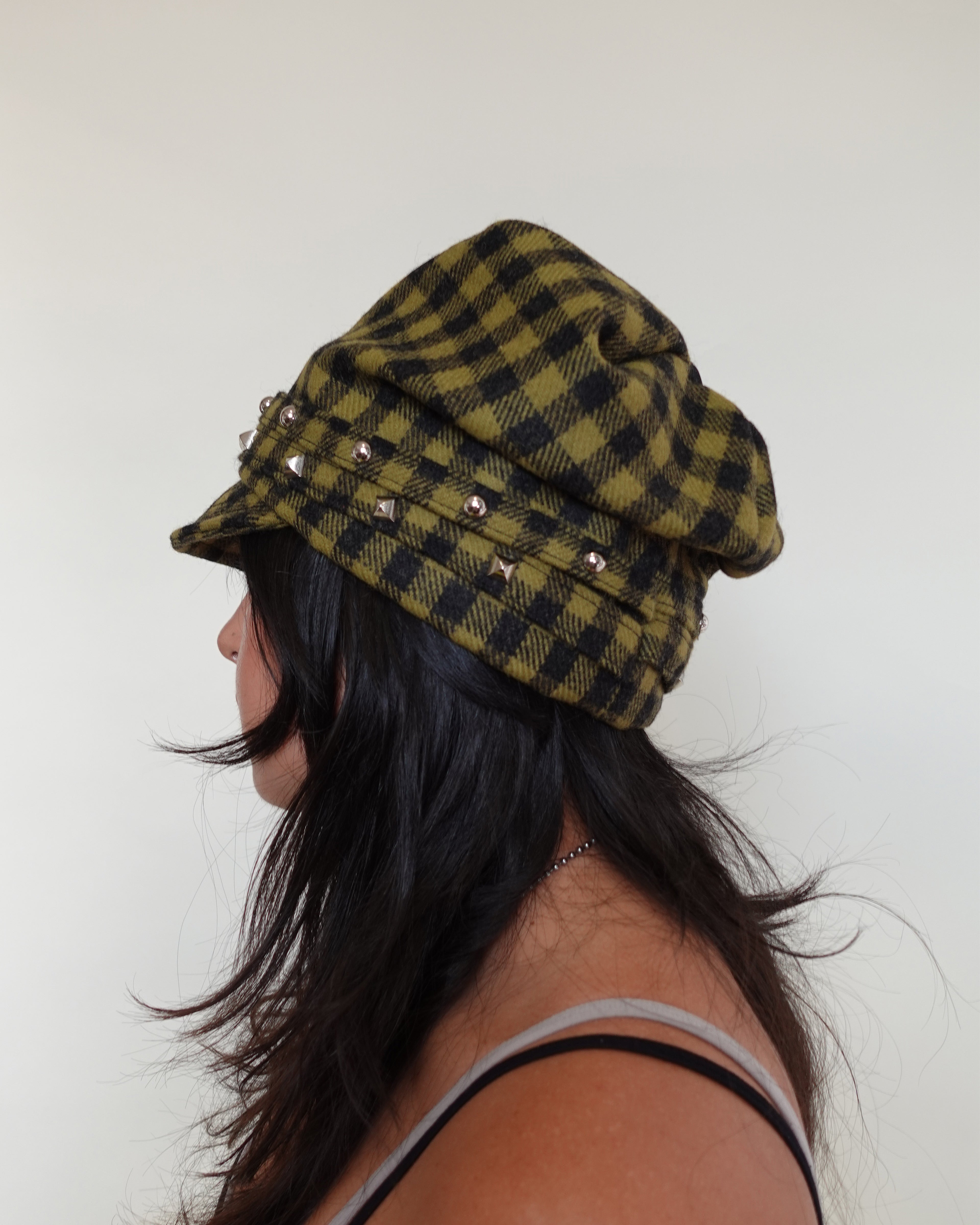 studded shepard's check hat, khaki