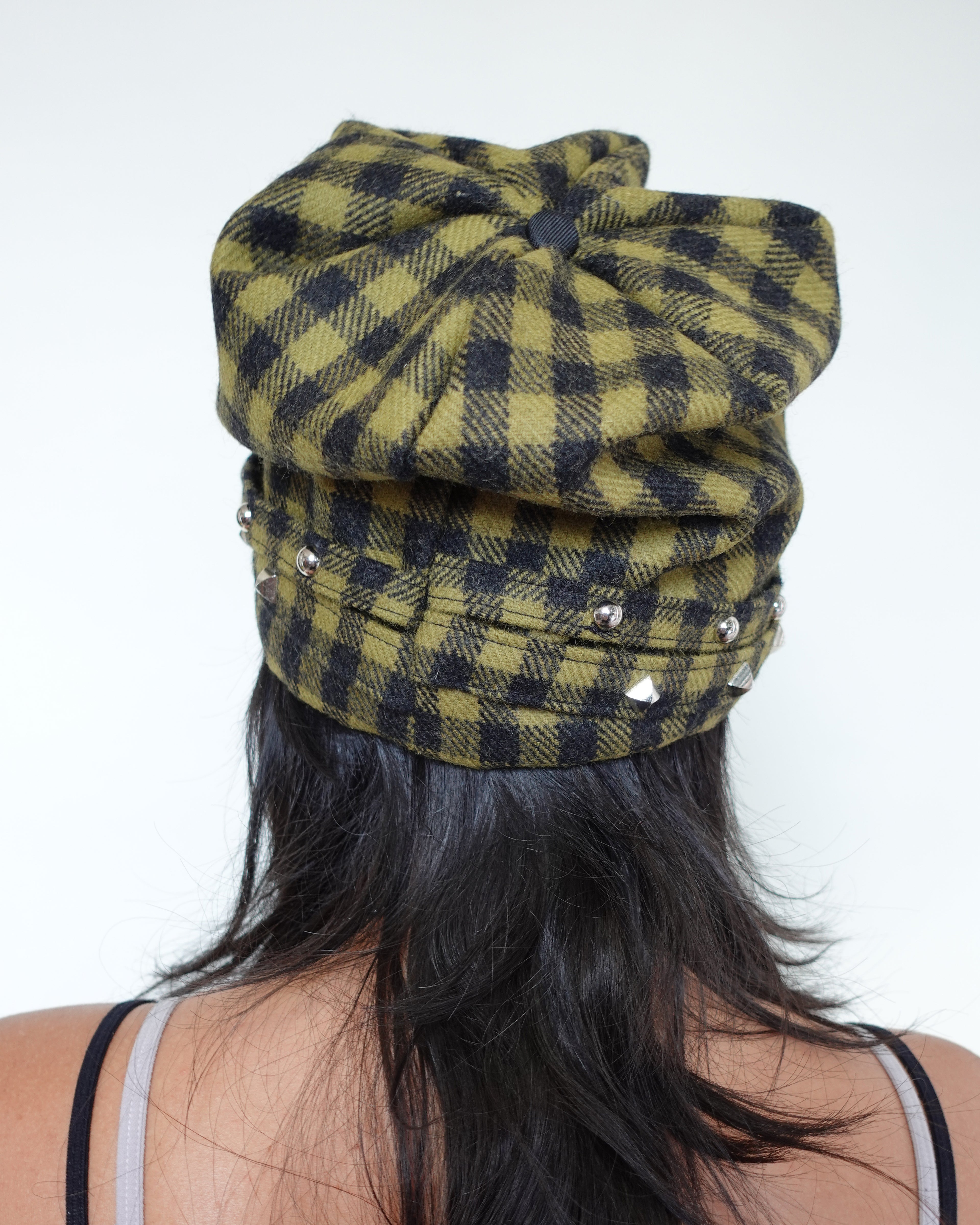 studded shepard's check hat, khaki