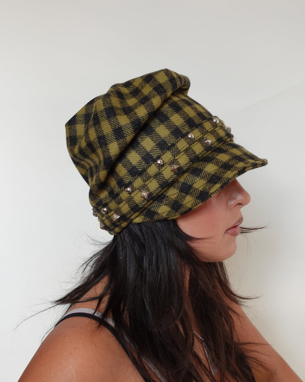 studded shepard's check hat, khaki