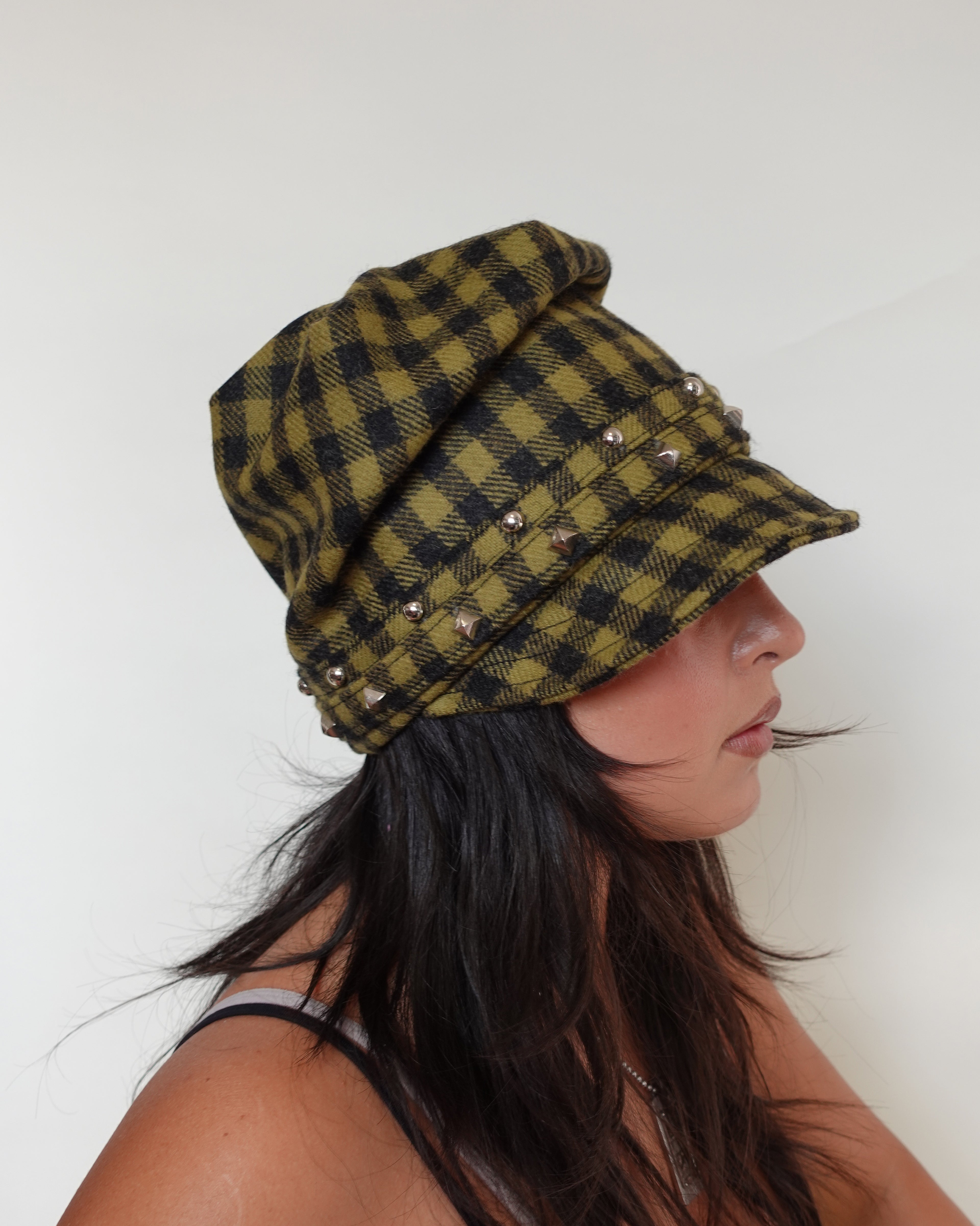 studded shepard's check hat, khaki