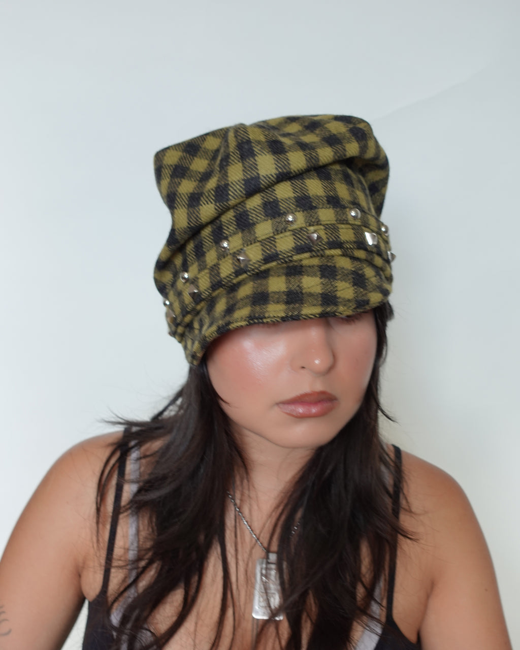 studded shepard's check hat, khaki