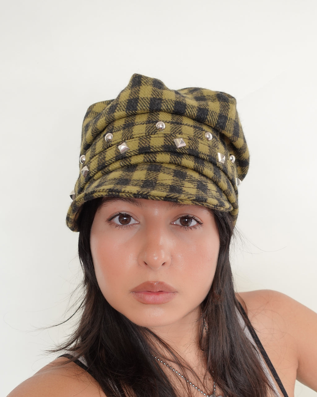 studded shepard's check hat, khaki