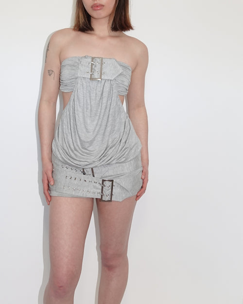 belted bandeau open back dress, grey