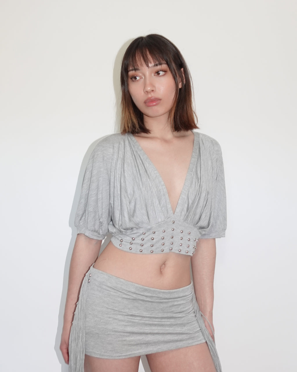 studded plunge cropped top, grey