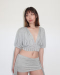 studded plunge cropped top, grey