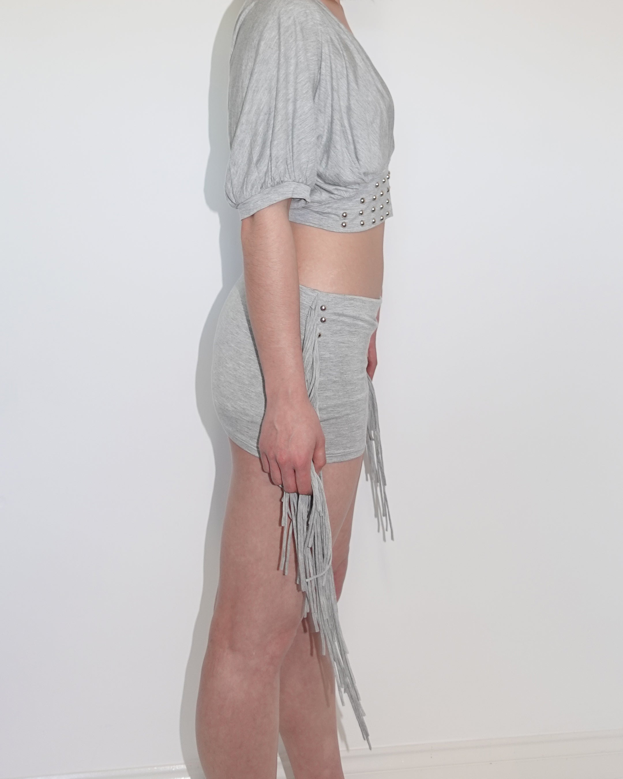 studded fringe skort, grey