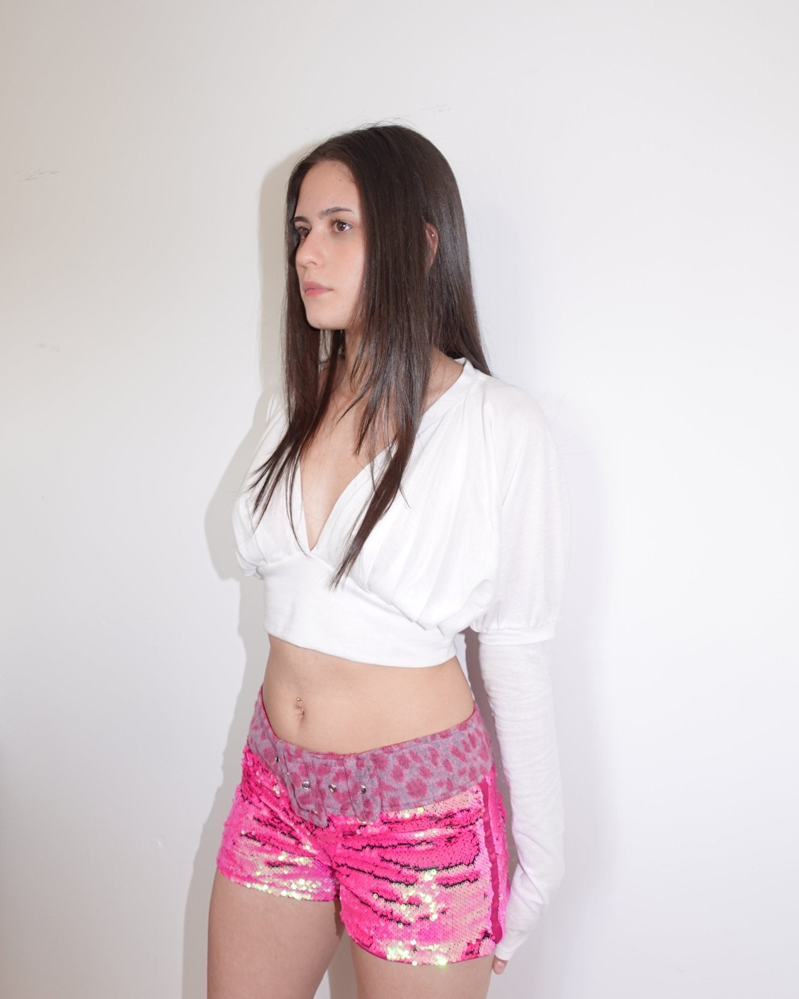 juliet sleeve plunge cropped top, ivory - Sourtai - 