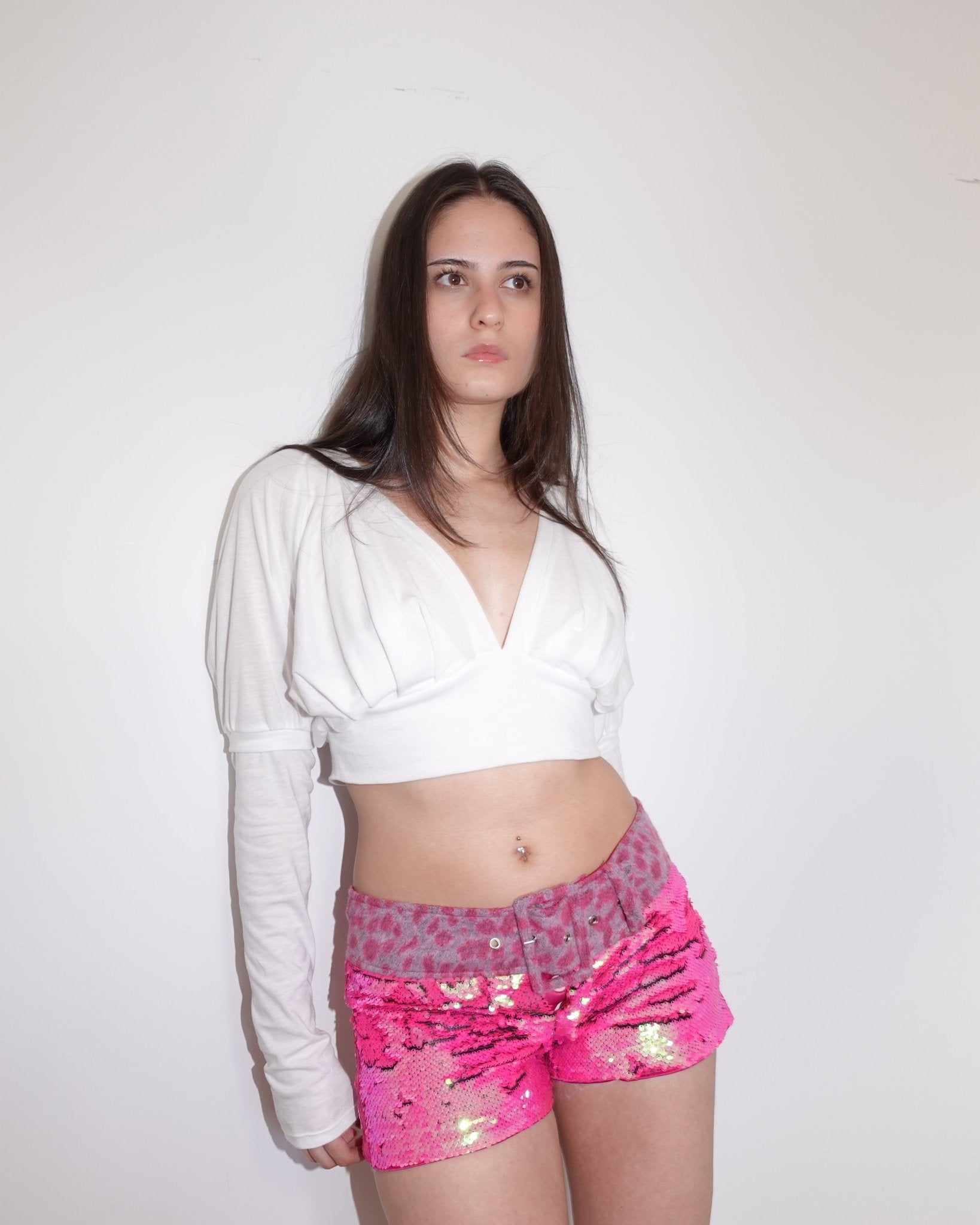 juliet sleeve plunge cropped top, ivory - Sourtai - 