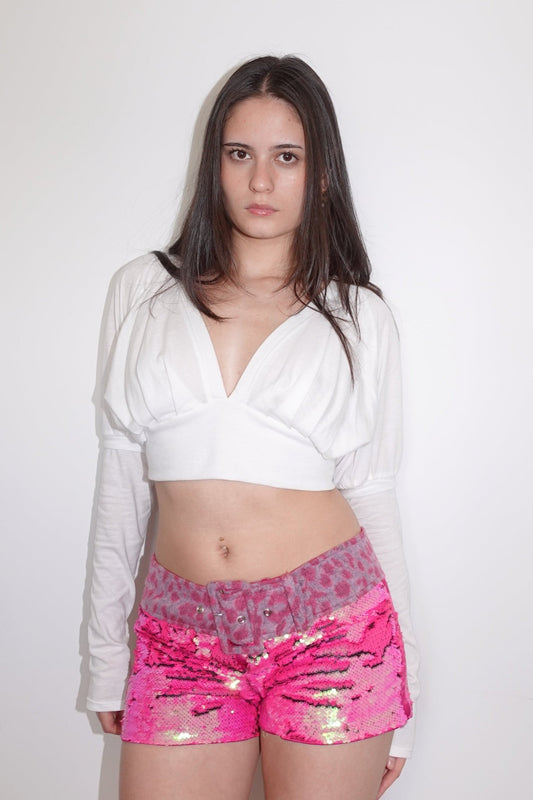 juliet sleeve plunge cropped top, ivory - Sourtai - 